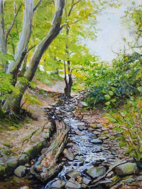 Stream in the community woodland in Upper Cwmbran. Acrylic. £180.