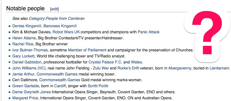 Cwmbran's 'notable people' according to WikiPedia
