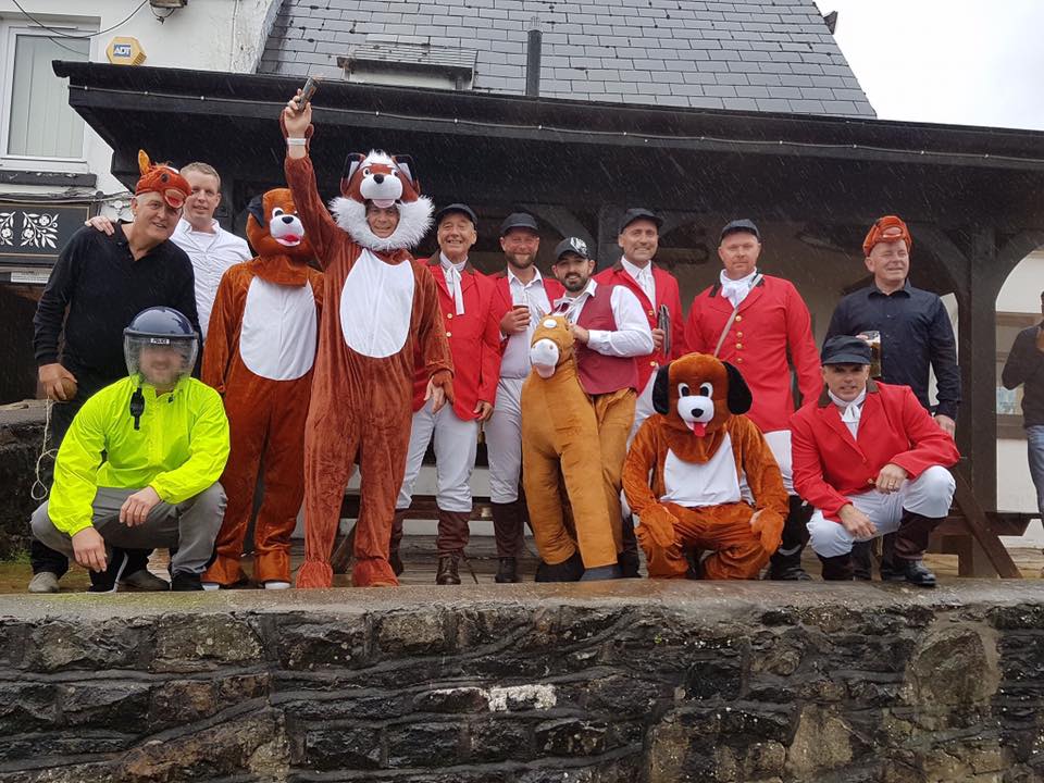 The fox hunting stag party outside the Dorallt pub in Cwmbran