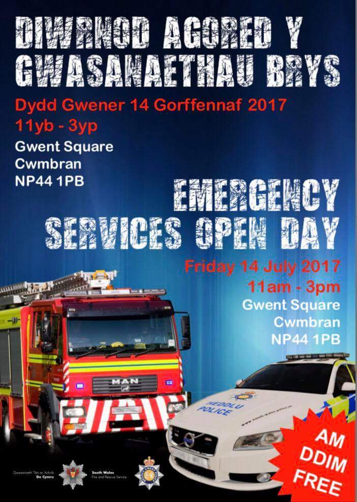 The poster for the emergency services open day in Cwmbran taking place on Friday 14 July