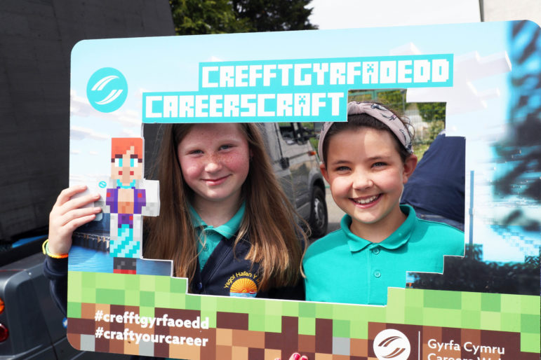 Pupils from Ysgol Hafan Y Mor in Tenby with selfie frame