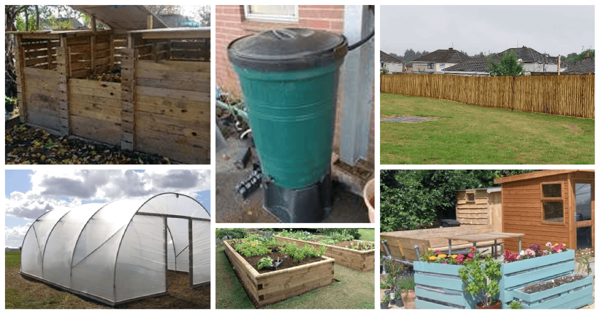 photo collage of garden with sheds, water butts and planters