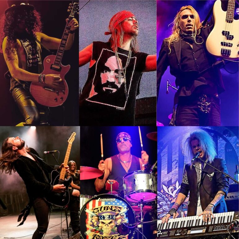 a collage of the band members in Guns 2 Roses