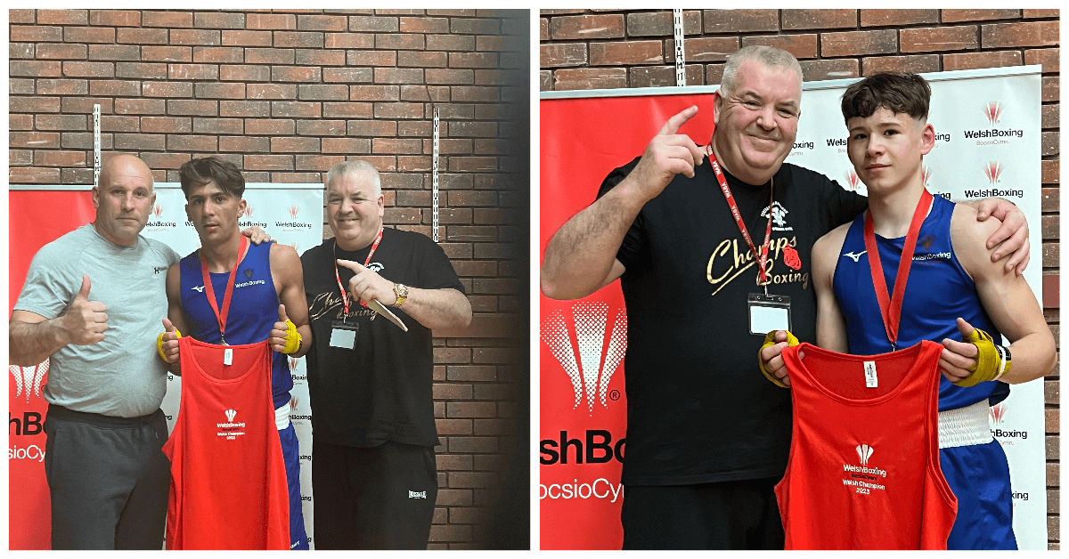 two photos of boxers with their coaches after a win