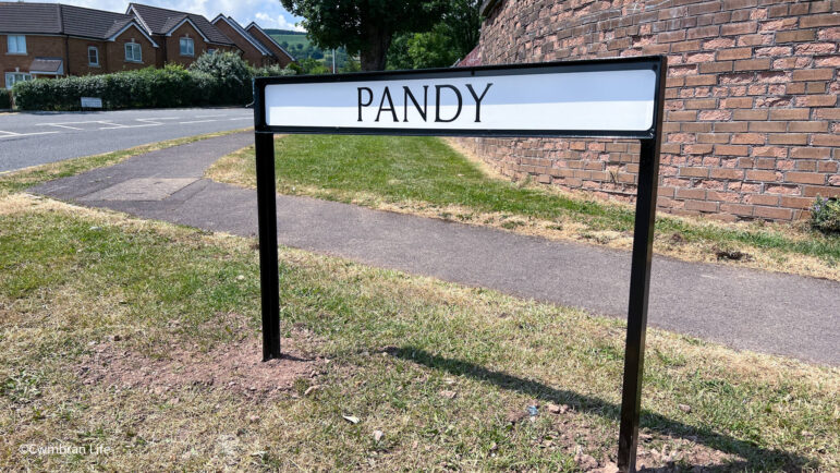 a wooden street sign saying Pandy