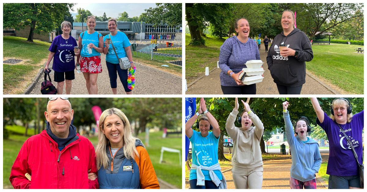 collage of four photos showing people taking part in 24-hr walk event for Cancer Research UK