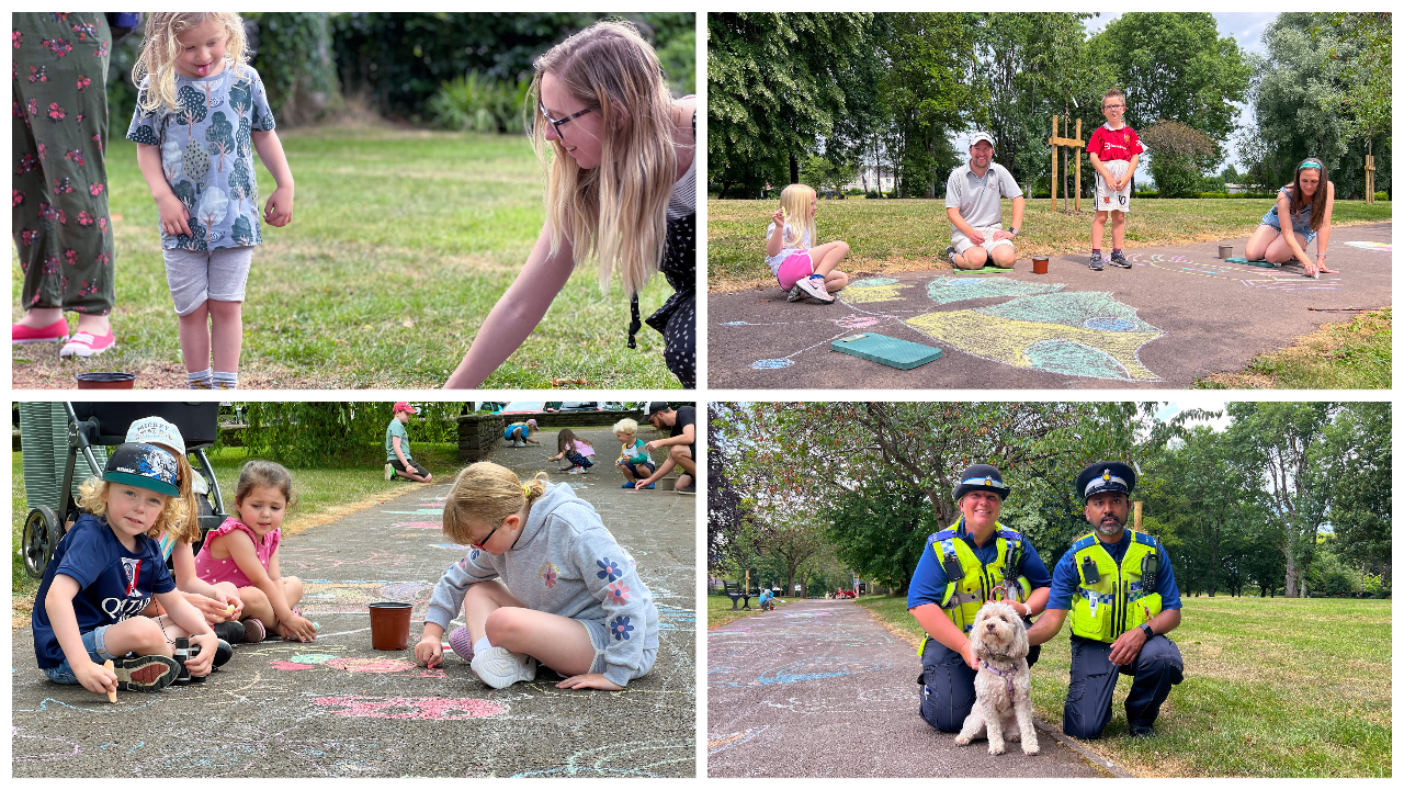 four photos from a park event featuring children drawing in chalk and police officers with a cockapoo dog