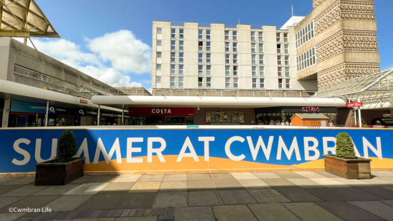 a sign saying summer at Cwmbran in the town centre