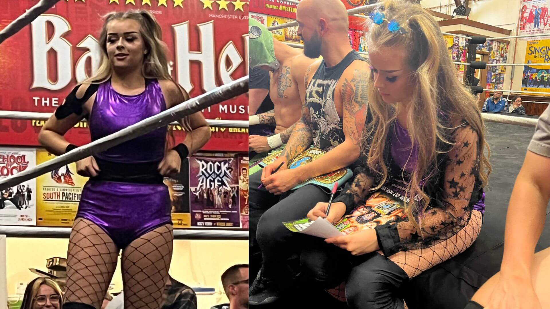 Two photos of a female wrester- one in the ring and one signing autographs
