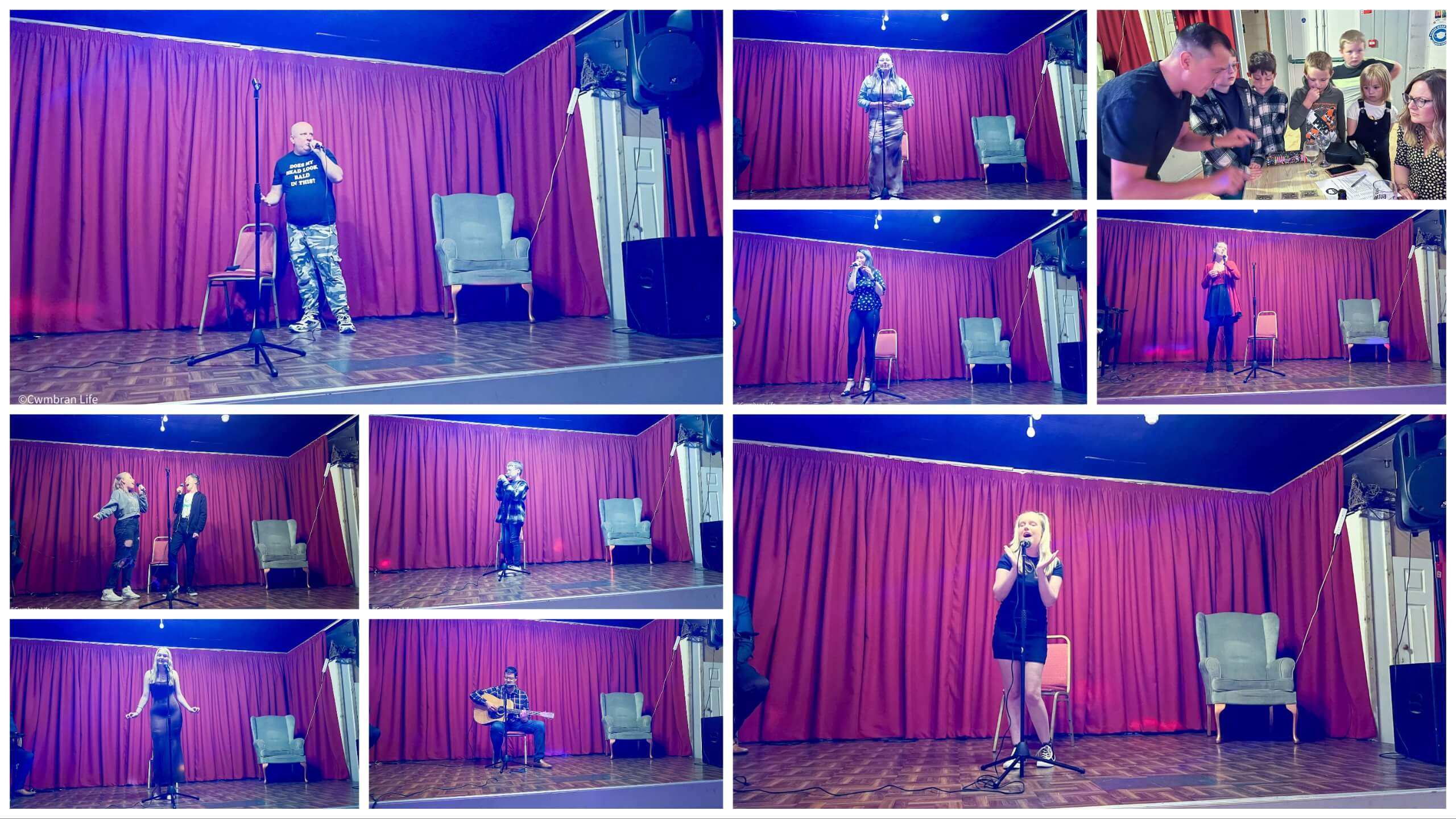 a collage of ten photos showing acts on stage in a talent show