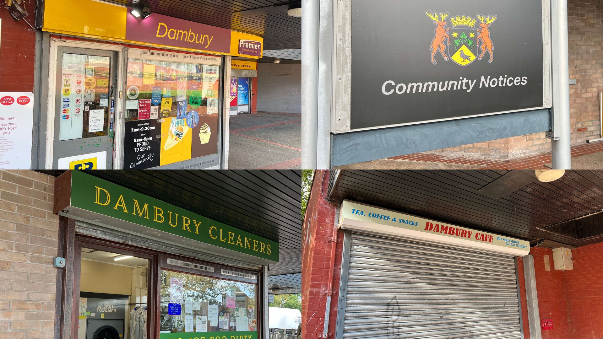 a collage of four photos showing various shops