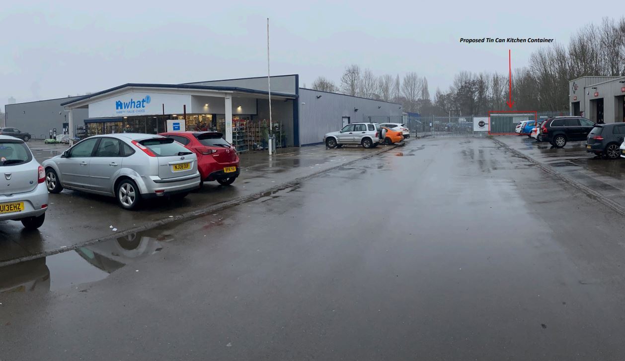 This photograph shows where Tin Can Kitchen\'s container is located in the staff car park at the What! store in Cwmbran. Picture: Torfaen County Borough Council