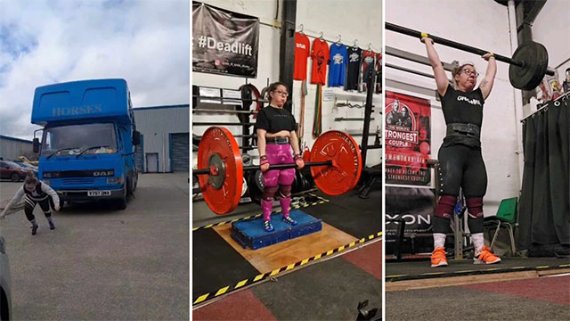 three photos Kirsty Robathan-Smith training lifting weights and pulling a truck