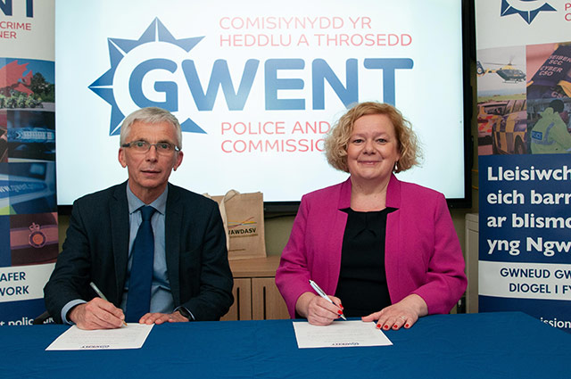 New Gwent police and crime commissioner Jane Mudd signing papers with Dave Street, police authority returning officer. Picture: Office of the New Gwent police and crime commissioner Jane Mudd signing papers with Dave Street, police authority returning officer. Picture: Office of the New Gwent police and crime commissioner Jane Mudd signing papers with Dave Street, police authority returning officer.