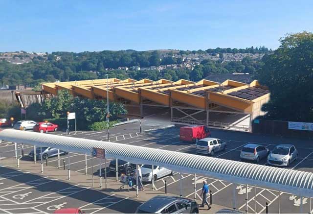 Canopies with solar panels proposed for the upper level of the Glantorvaen multi-storey car park.