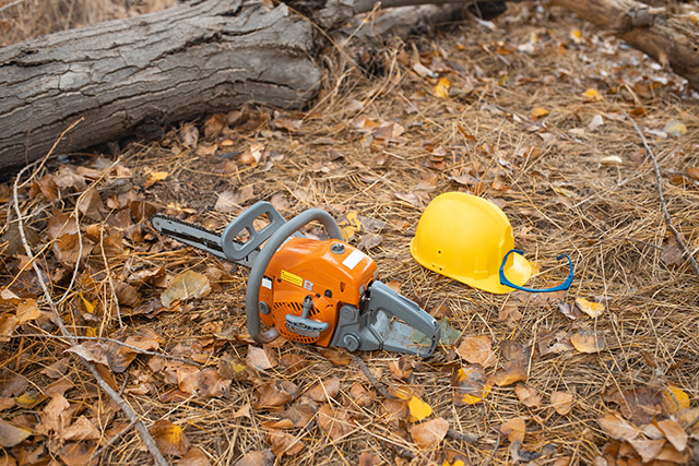 Closeup of a chainsaw and protective helmet of lumberjack