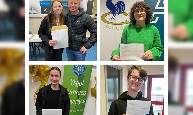 four teenagers hold their exam results