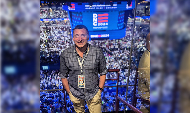 Labour councillor for Griffithstown on Torfaen County Borough Council, Nathan Yeowell, pictured at the Democratic National Convention in Chicago