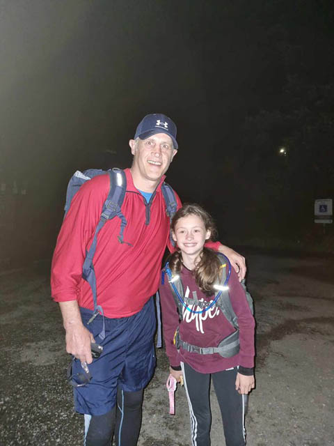 a ten-year-old girl and her dad wearing rucksacks