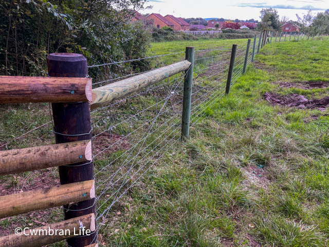 a fence in a field with barbed wire on it