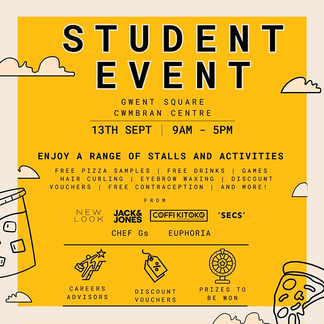 poster for student event with activities including free pizza