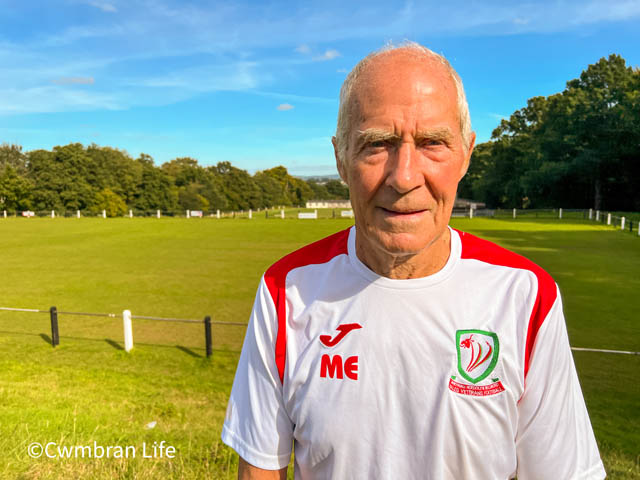 Mark Entwistle proudly wearing the Wales over 75s football shirt