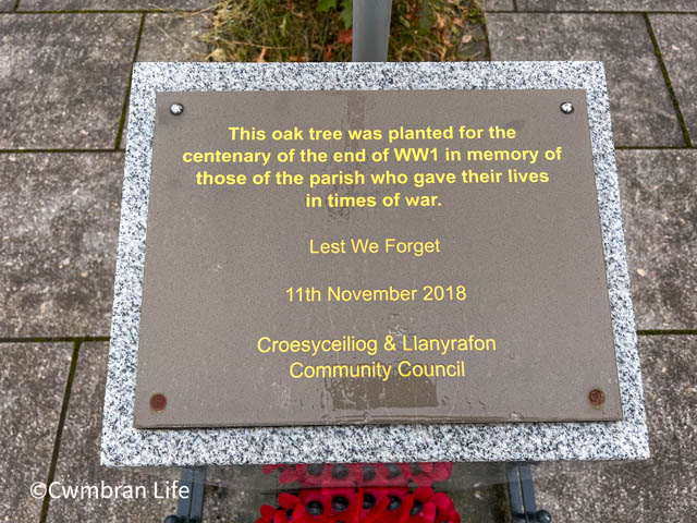 The plaque on the memorial to fallen soldiers in Woodland Park