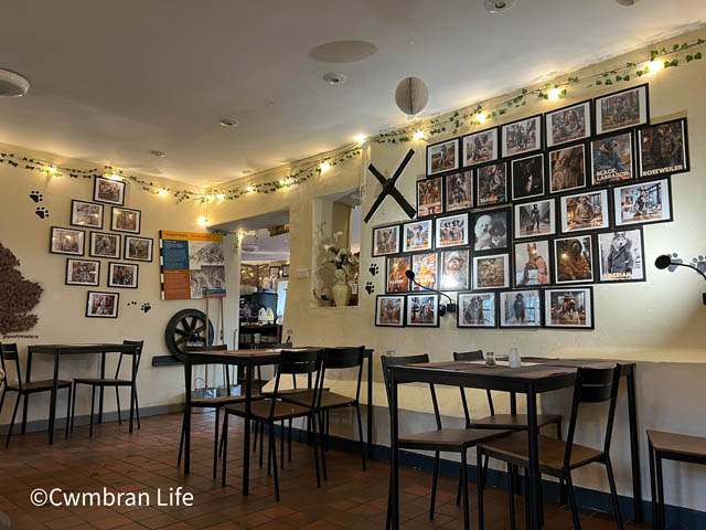 tables and chairs inside a cafe