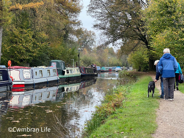 a couple and a dog walk on a canal towpath