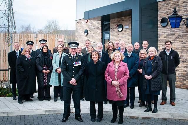 Pictured at the opening of the new Abergavenny Police base are, front row from left, chief constable Mark Hobrough, Welsh secretary Jo Stevens and police and crime commissioner Jane Mudd