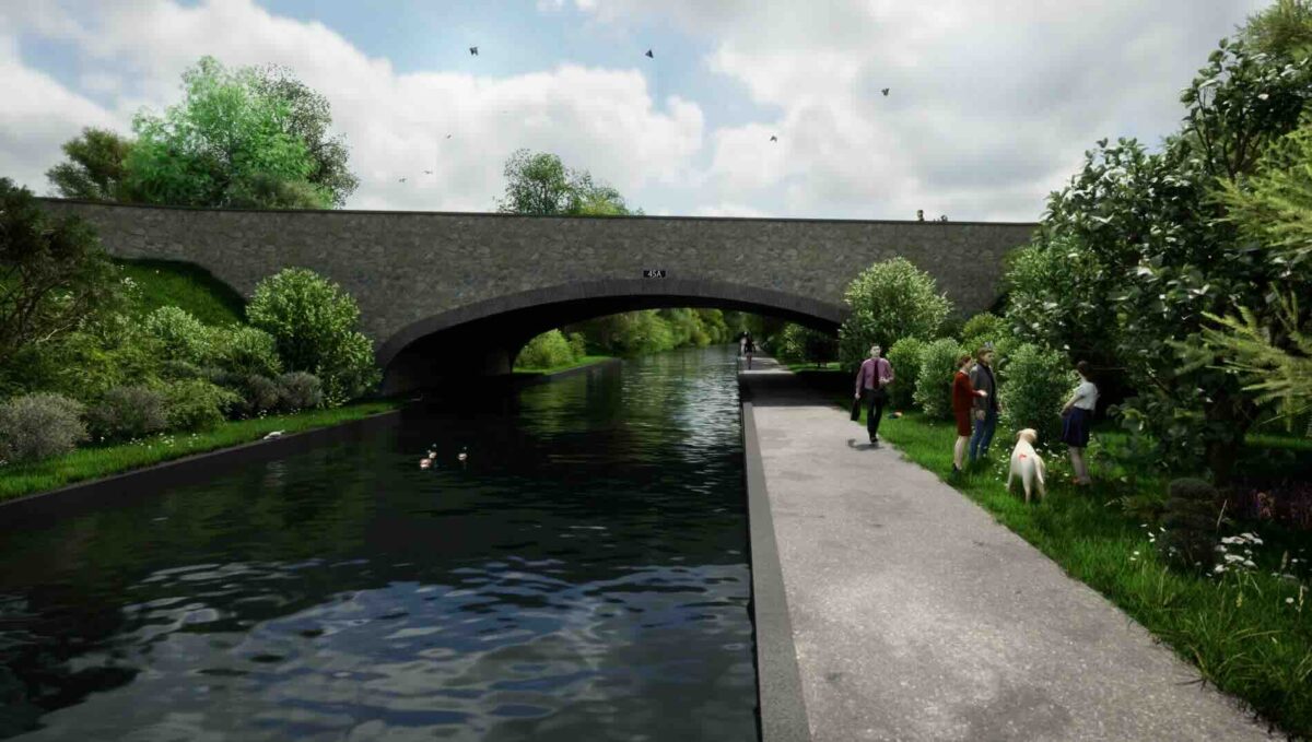 A 3D image showing the bridge spanning across the canal and towpath.