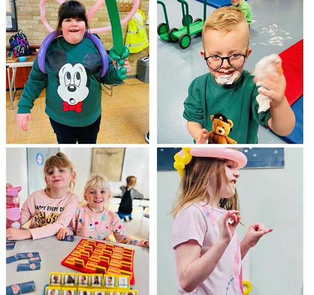 four photos of children playing