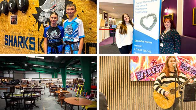 collage of four photos, a recycling centre, two women by a display board, a woman playing the guitar, and a unit full of tables and chairs