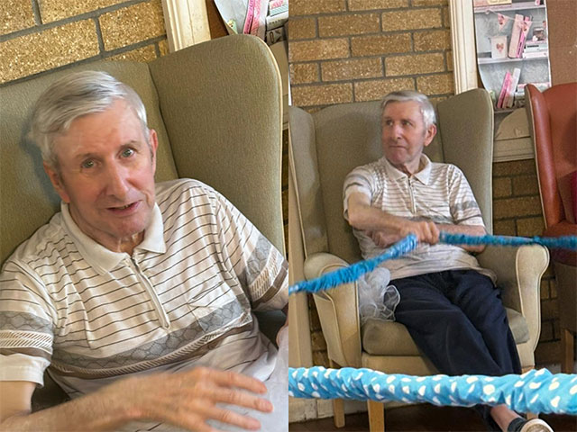 two photos of man sat in a chair holding ropes