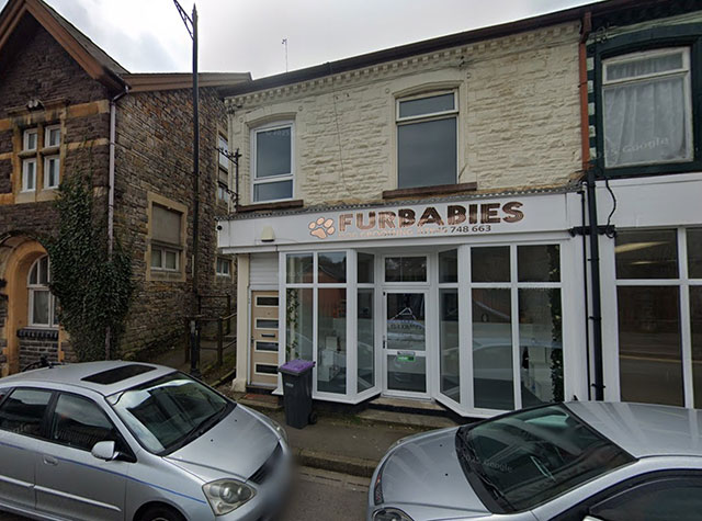 a shop with two cars parked outside it