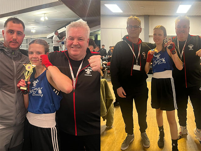 Isabelle pictured with Simon, and assistant coaches Andrew Bowen (r) and (l) former three-time British champion, Dino Smith.