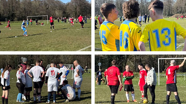 four photos of people playing football