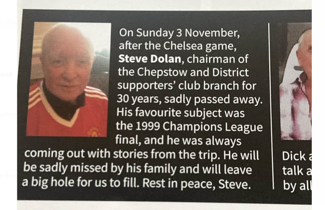 The tribute to Steve in the programme for United’s game against Bodø/Glimt in November 2024.