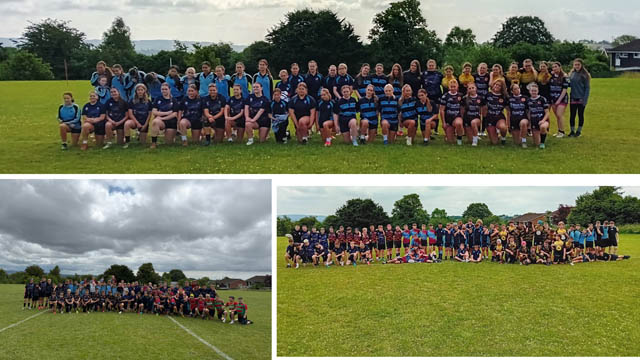 three photos, each of a junior rugby team on a pitch