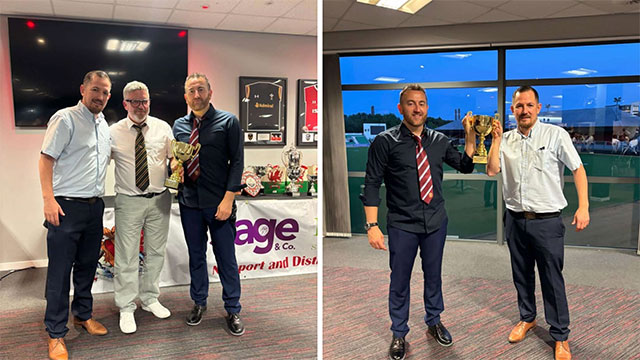 two photos of men holding a trophy at a football awards event