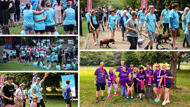 a collage of photos showing walkers in a fundraising event