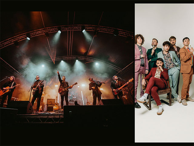 two photos of a band, one on stage singing, and one in group posing for camera