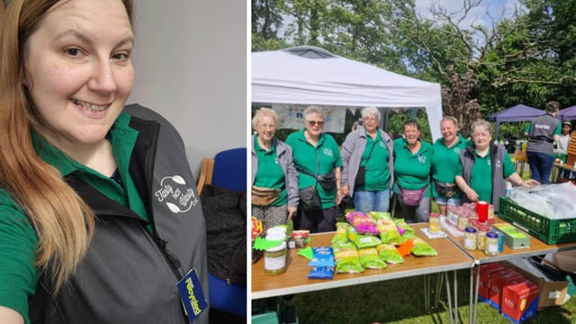 a photo of a woman next to a photo of a group of volunteers by a table at an event