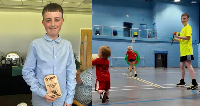 a teenager boy holds an award, and a second photo of him on a netball court watching a toddler run with a ball