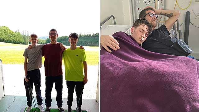 (left to right) Caleb, Martin and Alfie at a golf range, and Alfie in hospital with his dad, Martin.