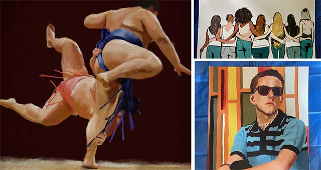 three art pieces including one of sumo wrestlers, the back of a group of women, and a man wearing sunglasses