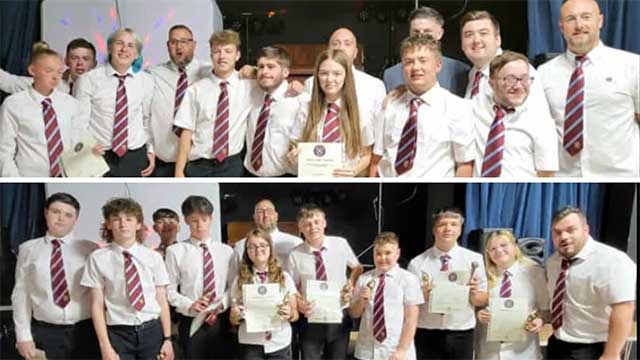 two photos of football players at a presentation night- all stood in a row