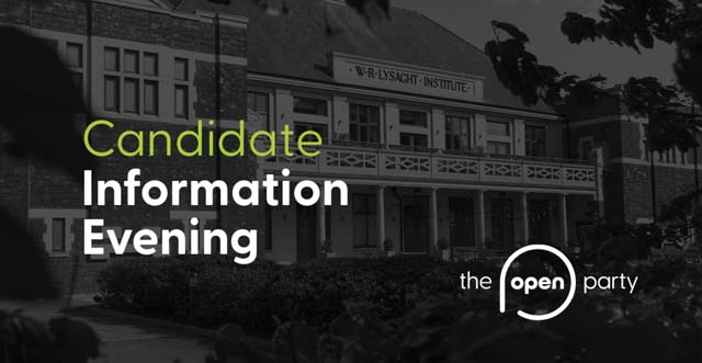 a poster for a candidate information evening for the open party