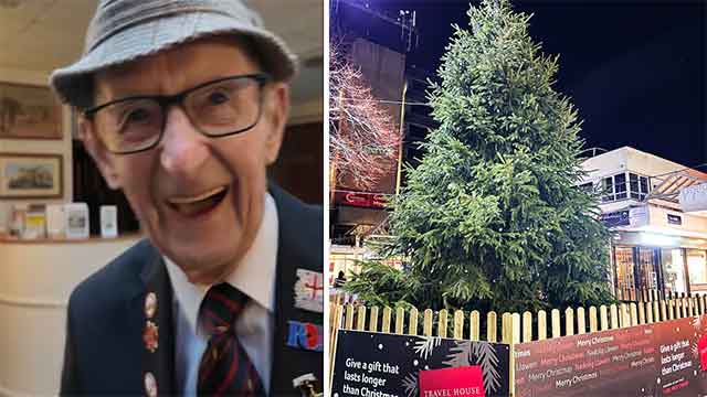 a 106 year old man smiling and a photo of a christmas treee
