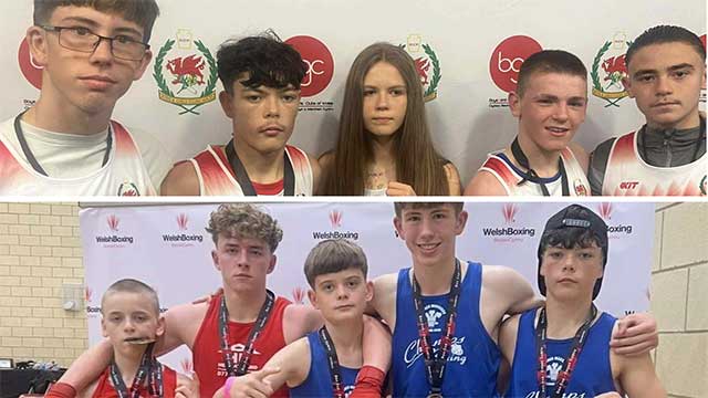 two photos of boxers in groups smiling at camera